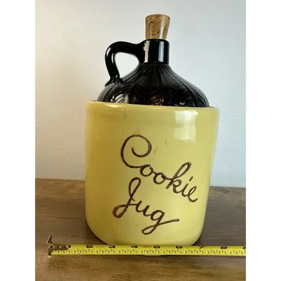 Vintage Stoneware Cookie Jug Crock Yellow Black Pottery w/ Cork Lid